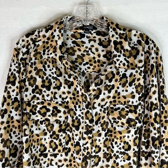 Elementz Button Down Shirt Women’s Brown Black Animal Cheetah Roll Tab Sleeve 2X - Picture 3 of 12